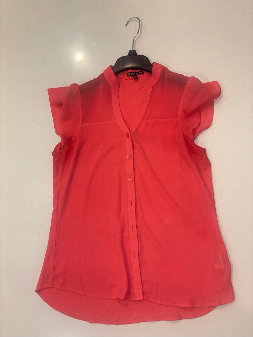 Express Coral Sleeveless Ruffle-Trim Button Front Blouse